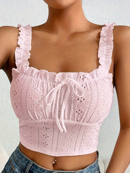 Eyelet Lettuce Trim Crop Cami Top, Casual Tie Front Summer Sleeveless Top, Women's Clothing For Coquette/Cute/Y2K Style