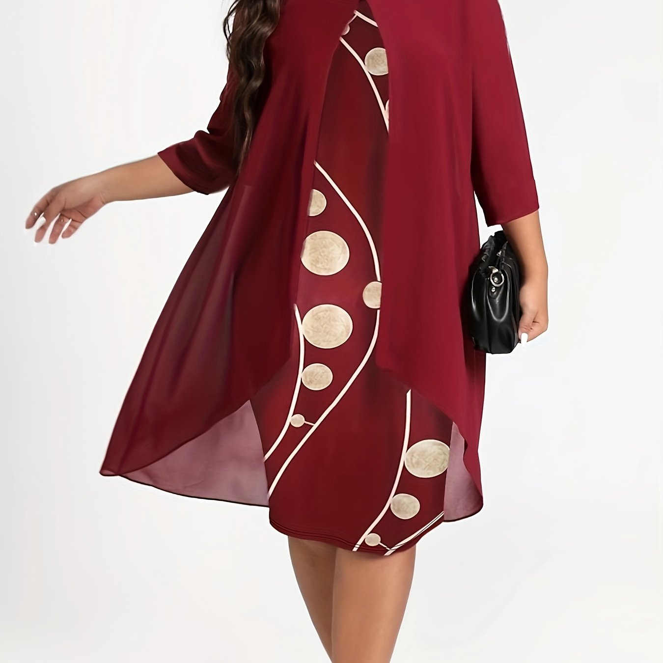 [Elegant Abstract Print Dress] Elegant 3/4 Sleeve Abstract Print Layered Dress - Women's Clothing, Crew Neck