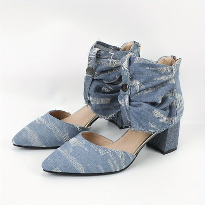 Women's Solid Color Denim Shoes, Point Toe Back Zipper Chunky Heel Casual Shoes, Trendy Daily Comfy Shoes