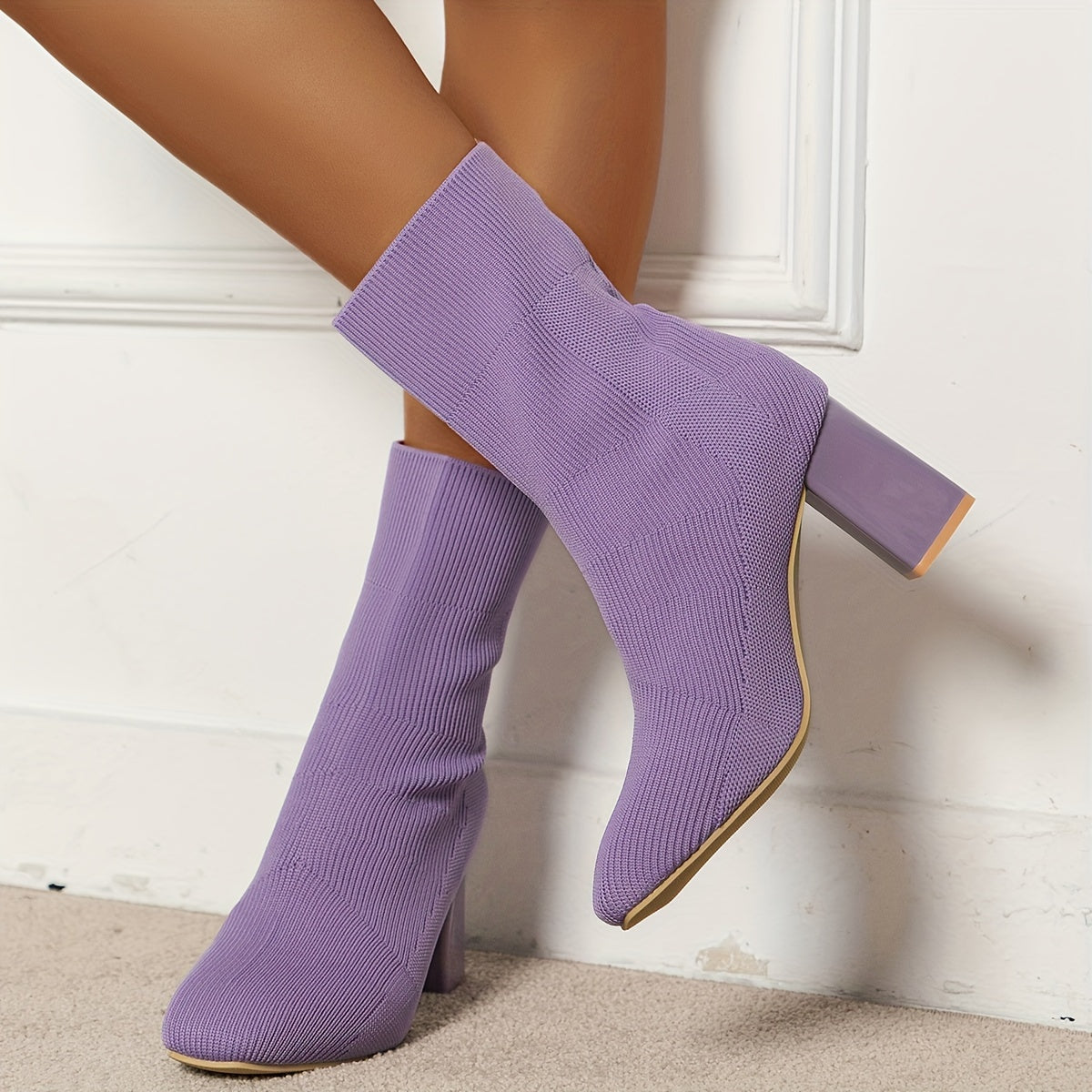 Women's Breathable Knit Block Heels, Fashion Solid Color Sock Boots, Comfortable Slip On Dress Boots