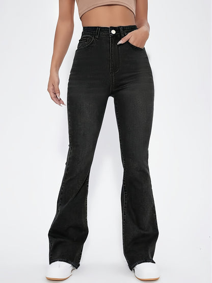 High-Rise Blue Raw Hem Flare Jeans - Slim Fit Bell Bottoms for Women - High-Stretch Denim Clothing with Trendy Style