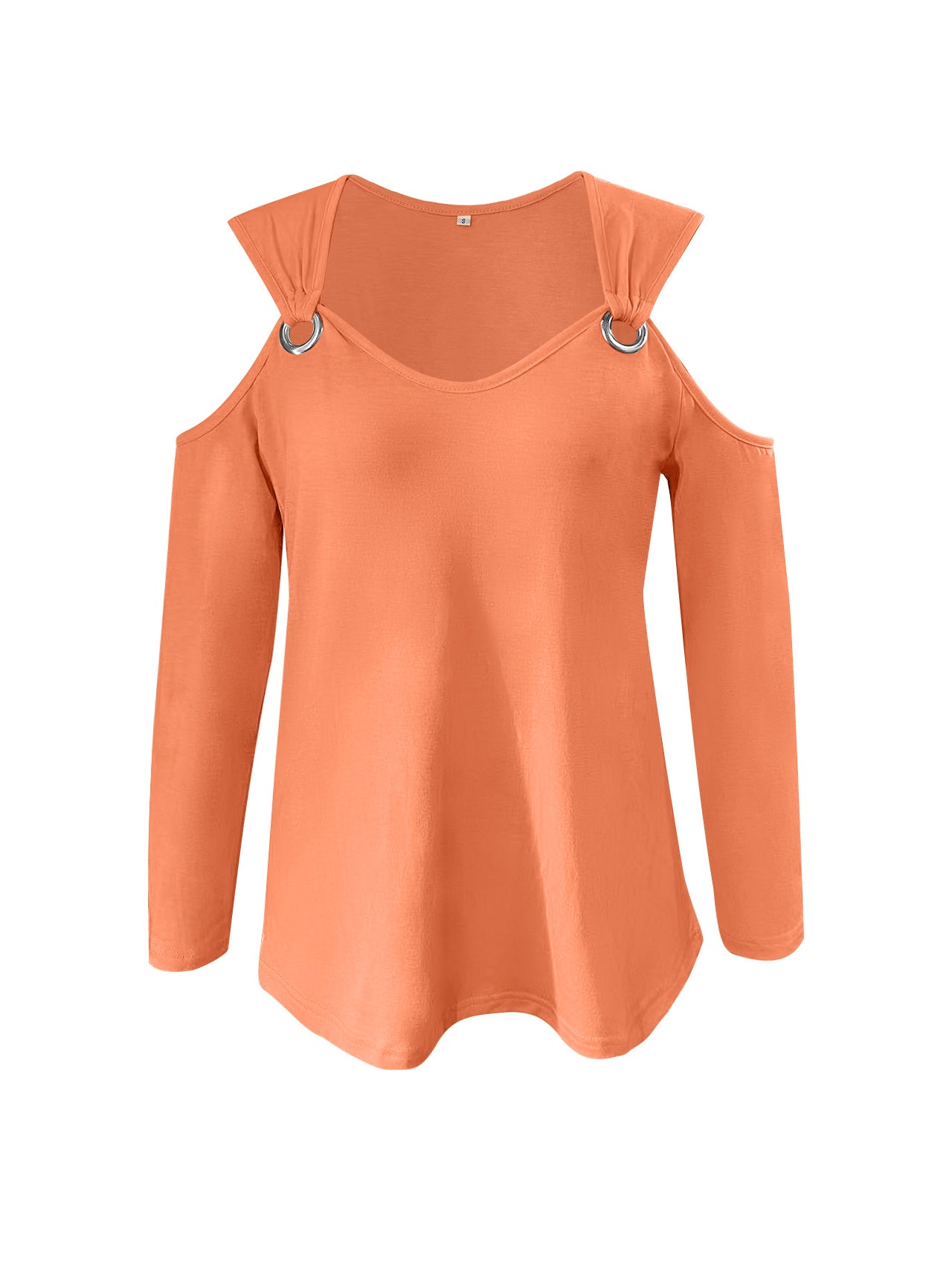 Solid Ring Detail Crew Neck T-Shirt, Casual Cold Shoulder Long Sleeve Top For Spring & Fall, Women's Clothing