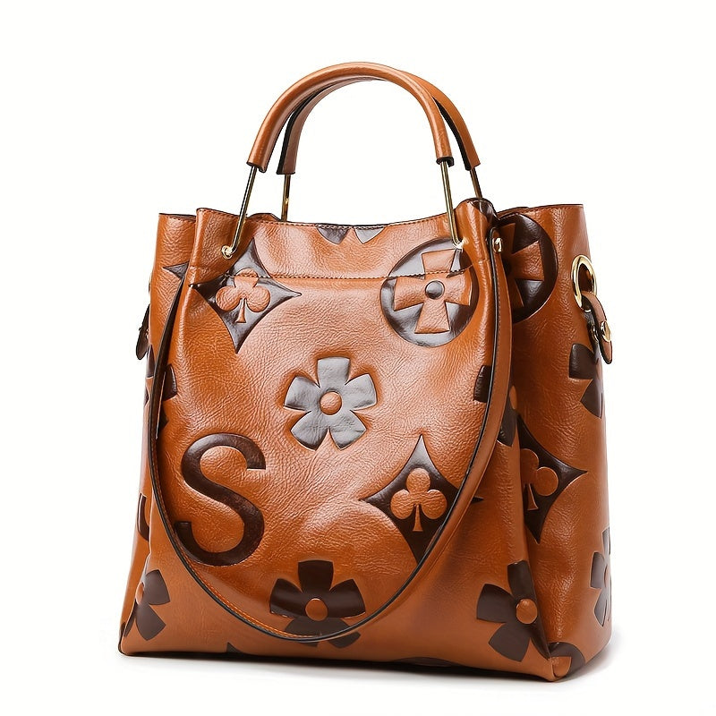 Classic Elegant Flower Embossed Satchel Handbag, Fashionable All-Match Bag For Work