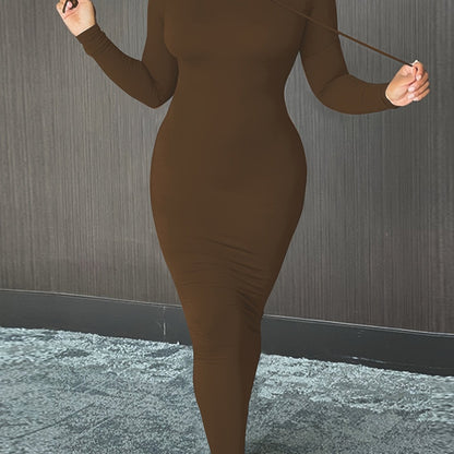 Cozy Winter Hooded Lounge Dress - Casual Wrap Style with High Elasticity, Easy Care, Long Sleeve Knit for Women