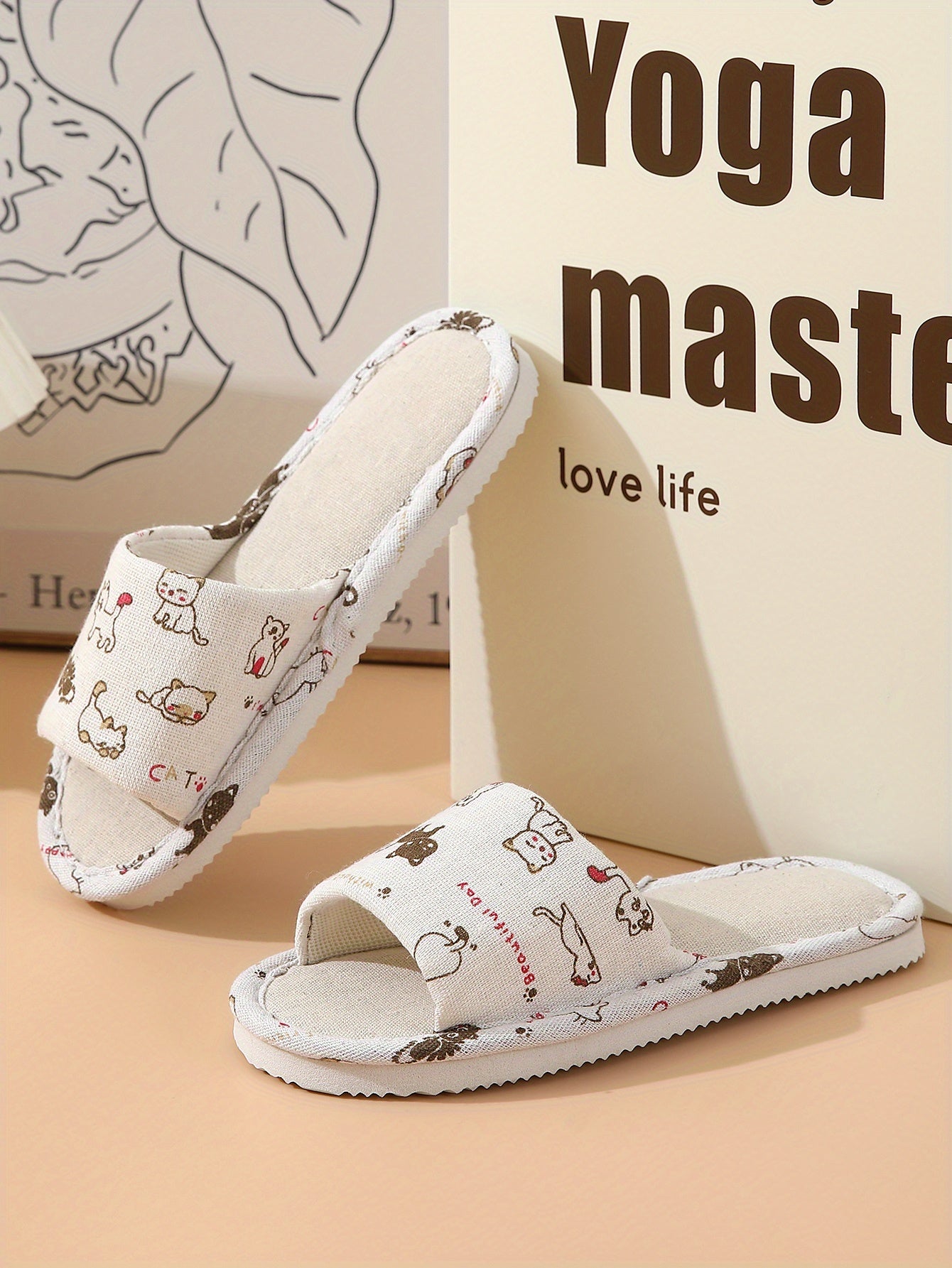 Adorable Cartoon Cat Print Flat Slippers - Slip-On Open-Toe Non-Slip Lightweight Casual Slides Shoes for Home Comfort - Comfy, Breathable, and Soft Cartoon Character Design