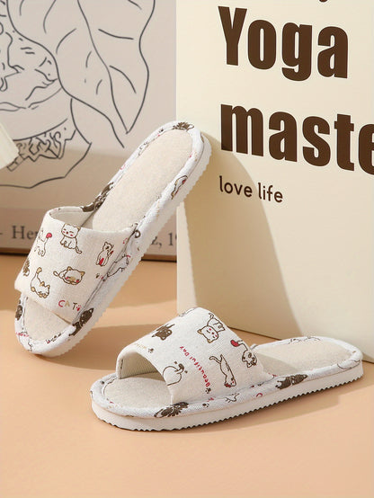 Adorable Cartoon Cat Print Flat Slippers - Slip-On Open-Toe Non-Slip Lightweight Casual Slides Shoes for Home Comfort - Comfy, Breathable, and Soft Cartoon Character Design