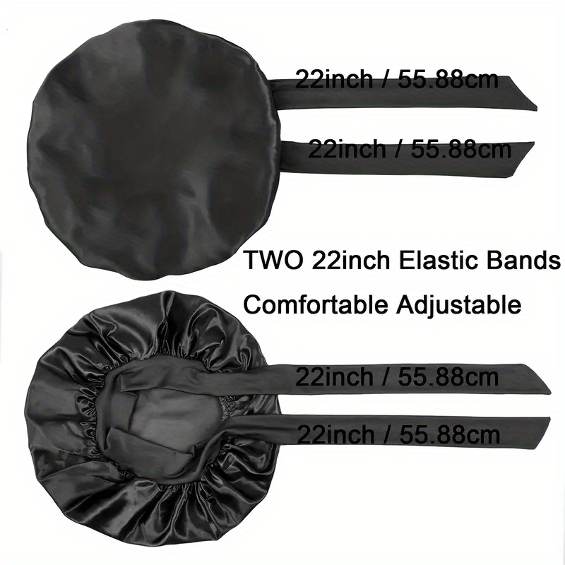 ZTZI Jumbo Satin Sleep Bonnet with Adjustable Elastic Tie Band - Large Black Hair Bonnet for Women, Stretchy Straps for Long Curly Braid Hair Protection, Soft Polyester Material