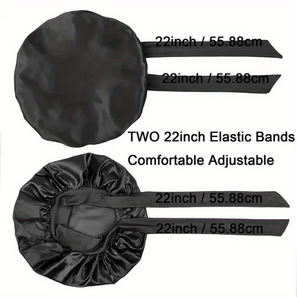 ZTZI Jumbo Satin Sleep Bonnet with Adjustable Elastic Tie Band - Large Black Hair Bonnet for Women, Stretchy Straps for Long Curly Braid Hair Protection, Soft Polyester Material