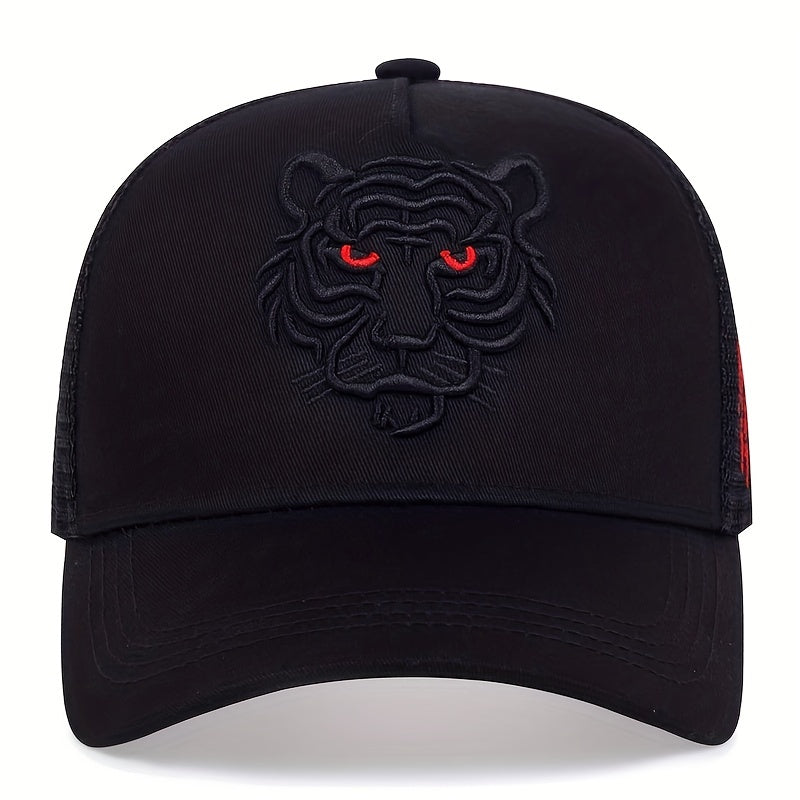 Tiger Embroidery Unisex Baseball Cap Solid Color Mesh Breathable Trucker Hat Adjustable Sports Sun Hats For Women & Men