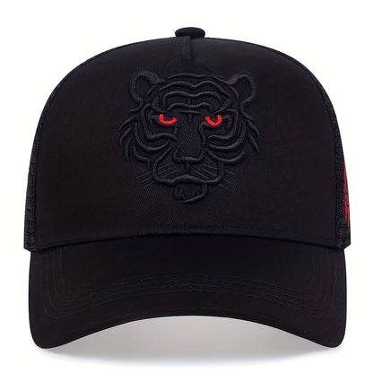 Tiger Embroidery Unisex Baseball Cap Solid Color Mesh Breathable Trucker Hat Adjustable Sports Sun Hats For Women & Men