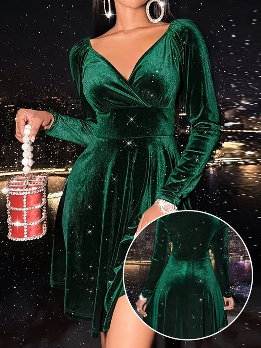 Plus Size Velvet Glam Dress - Luxurious Ruched V Neck Long Sleeve - Form-Fitting Nipped Waist A-line - Solid Color for Effortless Chic - Womens Plus Sizes