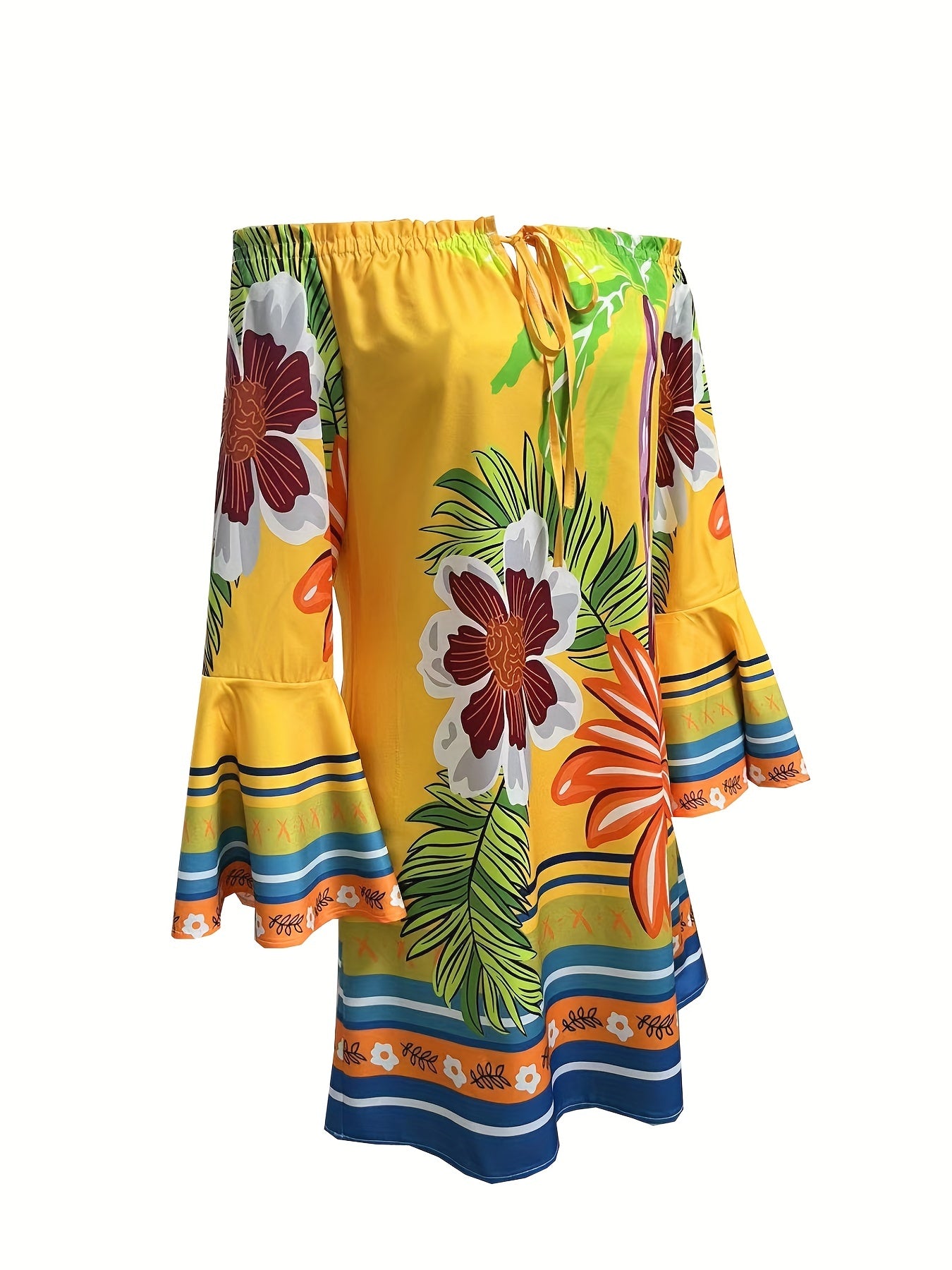 Floral Print Flared Sleeve Dress, Resort Wear Off-shoulder Dress For Spring & Summer, Women's Clothing