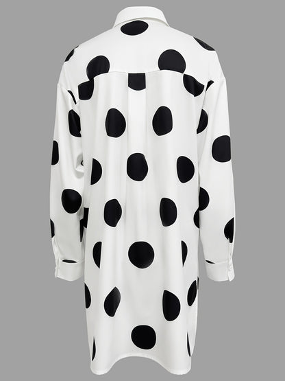 Chic Polka Dot Print Dip Hem Shirt - Versatile Button-Down Design with Practical Pockets - A Feminine Must-Have for Womens Wardrobe