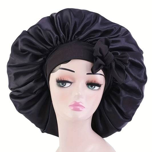 ZTZI Jumbo Satin Sleep Bonnet with Adjustable Elastic Tie Band - Large Black Hair Bonnet for Women, Stretchy Straps for Long Curly Braid Hair Protection, Soft Polyester Material