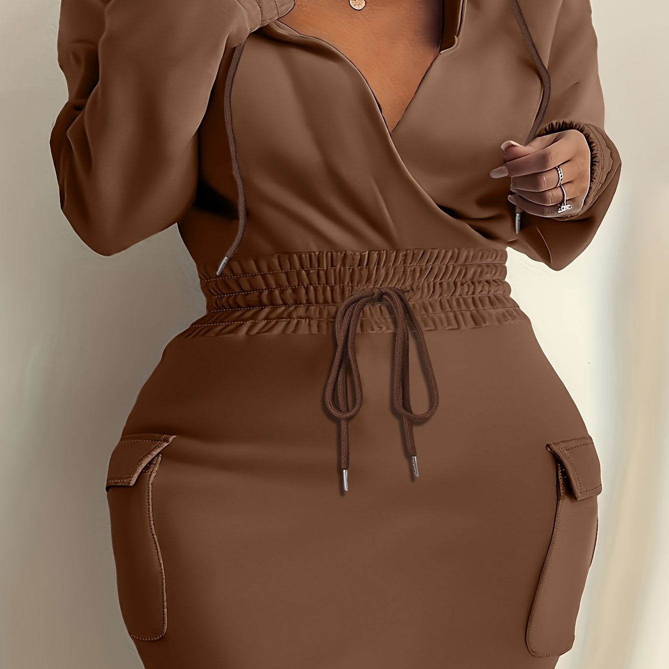 Plus Size Elegant Tunic Dress - Hooded, Shirred, Nipped Waist, Long Sleeve, Bodycon, Midi Length, Solid Color, Polyester, Machine Washable, Pocket Detail