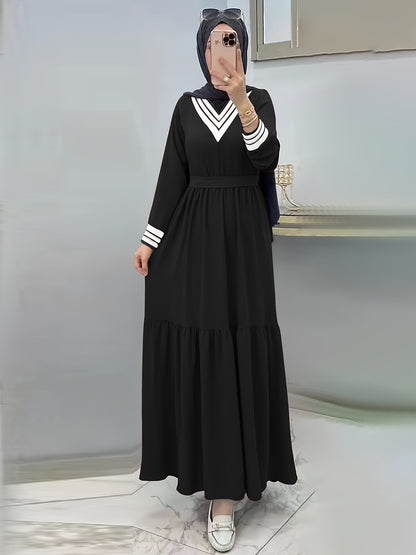 Ramadan Elegant Long Sleeve Tie Waist Maxi Modest Dress - Abayas for Women with Solid Color, Comfortable Wear, and Modest Fashion - Perfect for Islamic Occasions and Everyday Wear