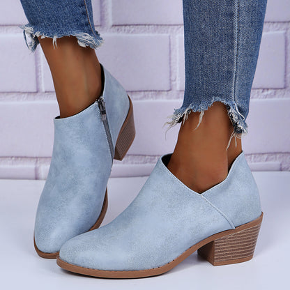 Ankle Stacked Heel Women's Short Boots with V Cut Side Zipper and Non Slip Sole