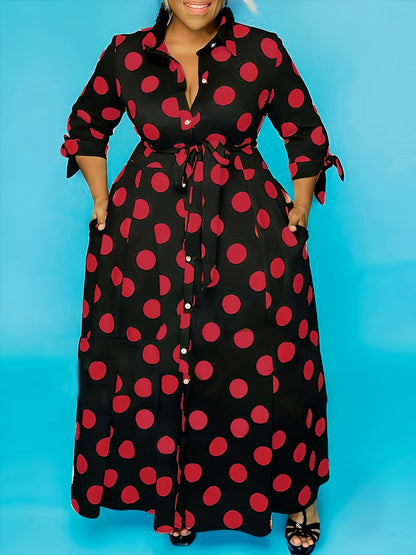 Elegant Plus Size Polka Dots Print Maxi Dress - Women's Button Up Collared Belted