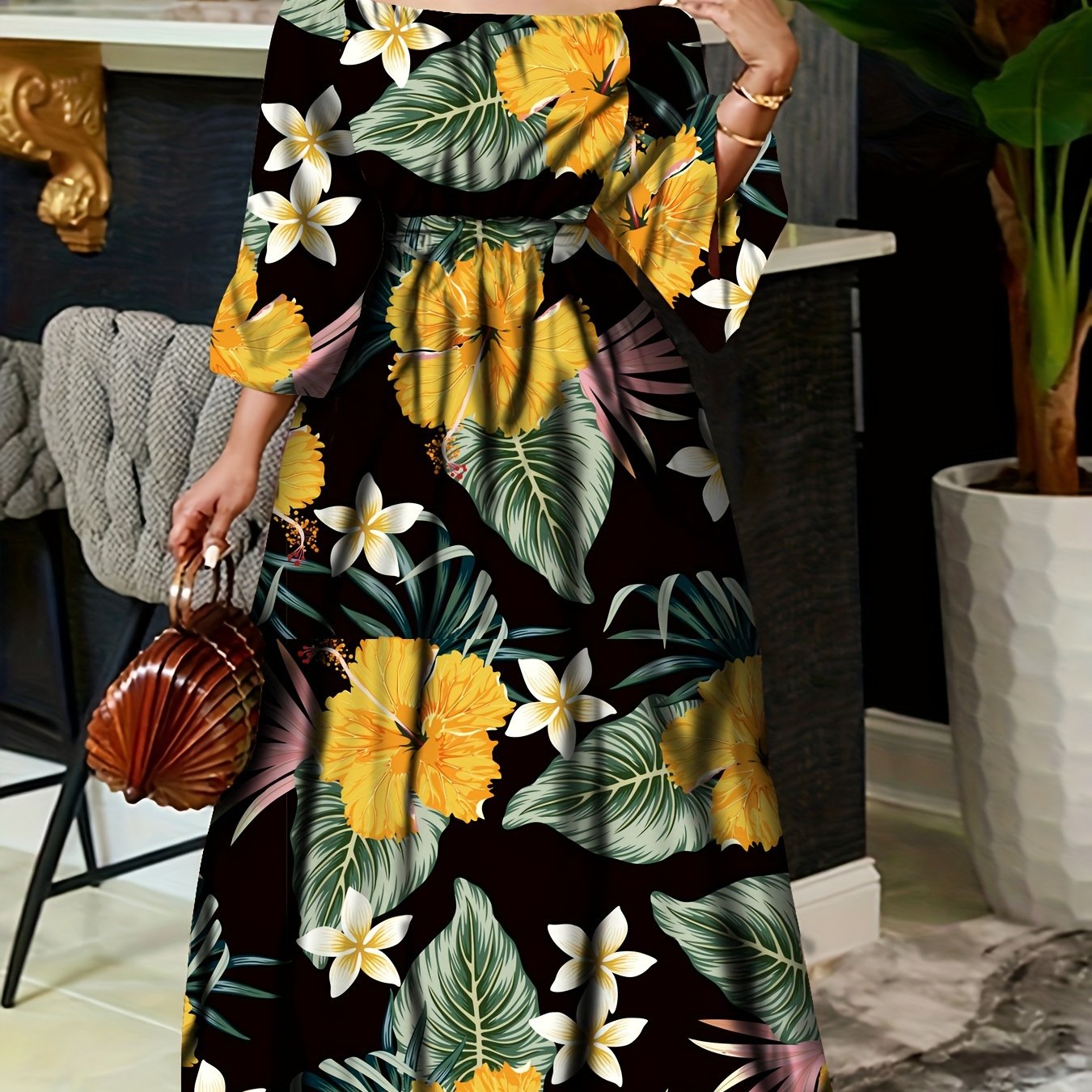 Vintage Off Shoulder Tribal Print Belted Women's Swing Aline Dress with Ruffle Hem Lantern Sleeve