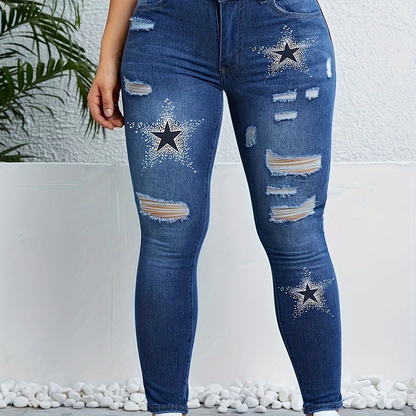 Plus Size Casual Jeans, Women's Plus Star Print Ripped Button Fly High Rise High Stretch Skinny Jeans