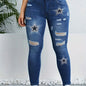 Plus Size Casual Jeans, Women's Plus Star Print Ripped Button Fly High Rise High Stretch Skinny Jeans