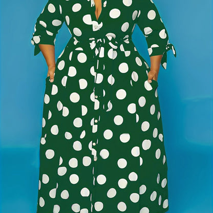 Elegant Plus Size Polka Dots Print Maxi Dress - Women's Button Up Collared Belted