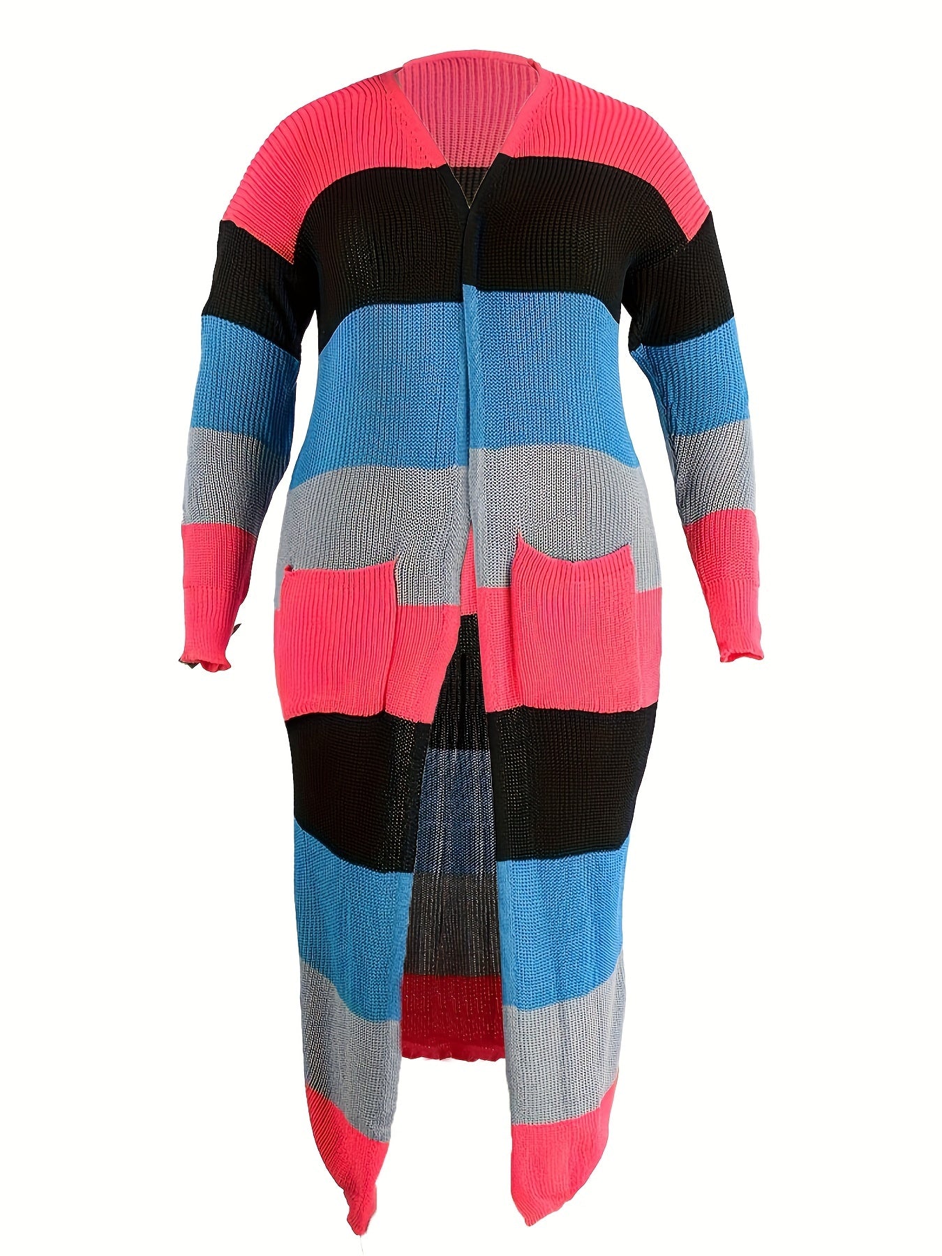 Long Sleeve Color Block Knit Cardigan - Stylish Open Front, Cozy Casual Sweater with Convenient Pockets, Perfect for Womens Everyday Wear