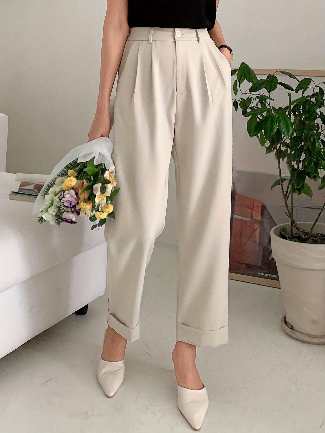 Chic Solid High Waist Pleated Pants - Flattering Draped Design, Straight Leg, Casual Style - Perfect for Womens Wardrobe