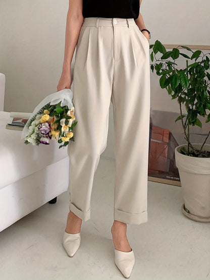 Chic Solid High Waist Pleated Pants - Flattering Draped Design, Straight Leg, Casual Style - Perfect for Womens Wardrobe