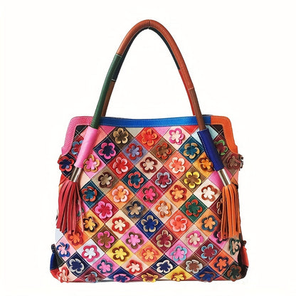 Retro 3D Flower Embroidery Tote Bag, Women's Colorblock Patchwork Purse, Large Capacity Genuine Leather Crossbody Bag
