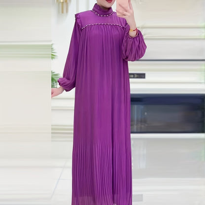 Elegant Pleated Maxi Dress for Women - Solid Color, Belted Waist, Long Sleeve, Machine Washable - Perfect for Ramadan & Casual Attire