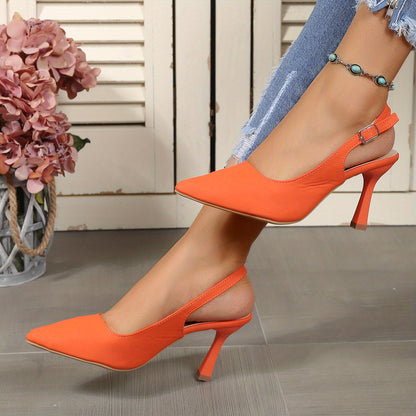 Women's Slingback High Heels, Solid Color Pointed Toe Buckle Strap Stilettos, Party & Dress Summer Shoes for Koningsdag/King's Day
