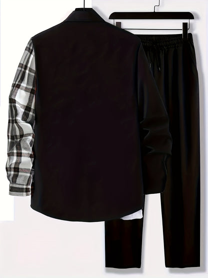 Plus Size Men's Plaid Shirt & Pants Set For Spring/autumn, Oversized Loose Fit 2Pcs Outfits For Workout/outdoor, Men's Clothing