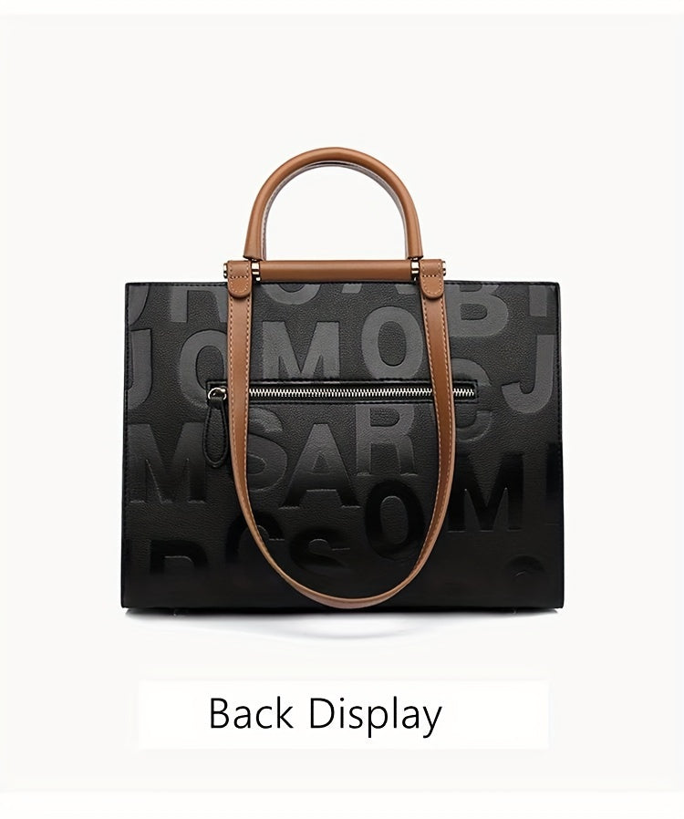 Classic Letter Embossed Tote Bag, Colorblock Shoulder Bag, All-Match Satchel Bag For Work