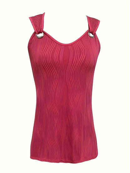 Striped Off-the-Shoulder Vest Tank Top - Soft Micro Elastic Polyester Fabric, Casual Summer Sleeveless Crew Neck, No Printing, Knit Fabric - Womens Casual Summer Clothing