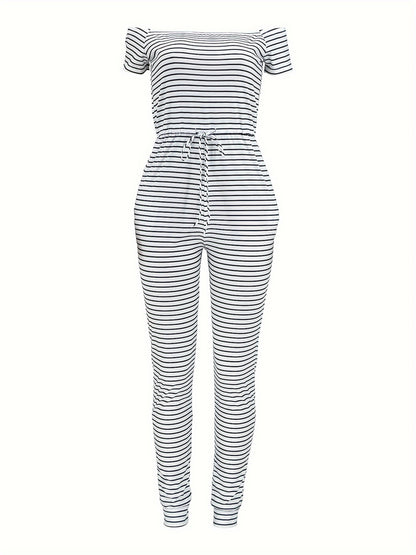 Striped Off Shoulder Drawstring Jumpsuit, Casual Short Sleeve Slim Jumpsuit For Spring & Summer, Women's Clothing