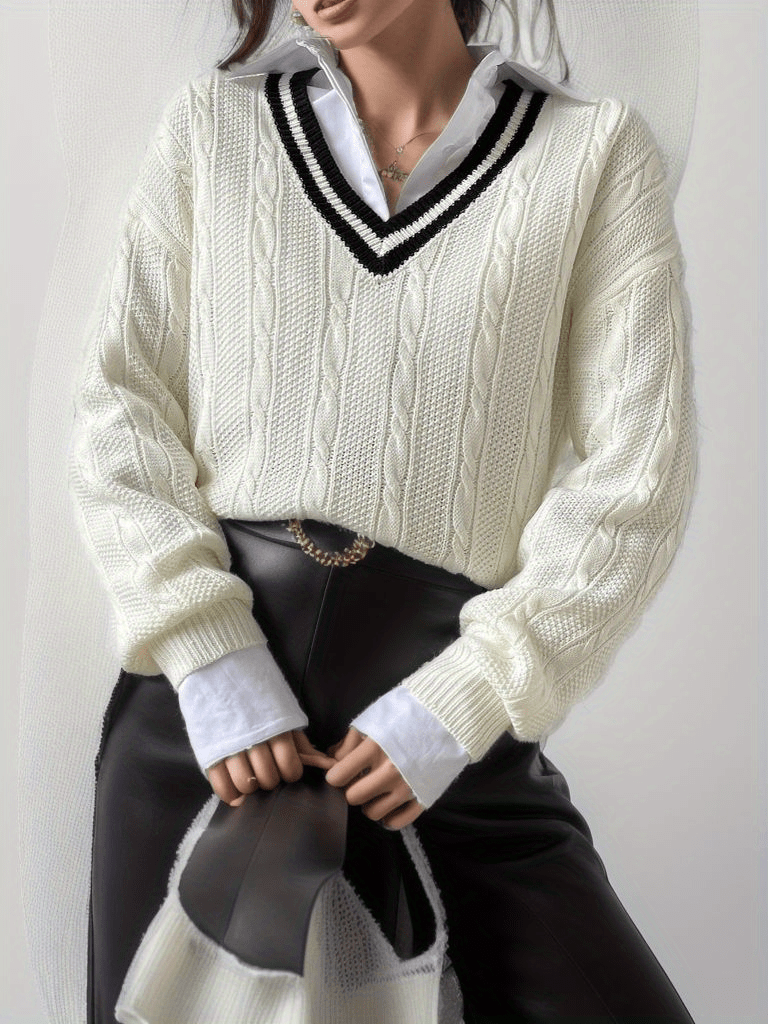 V Neck Cable Knit Pullover Sweater, Casual Long Sleeve Drop Shoulder Sweater, Women's Clothing