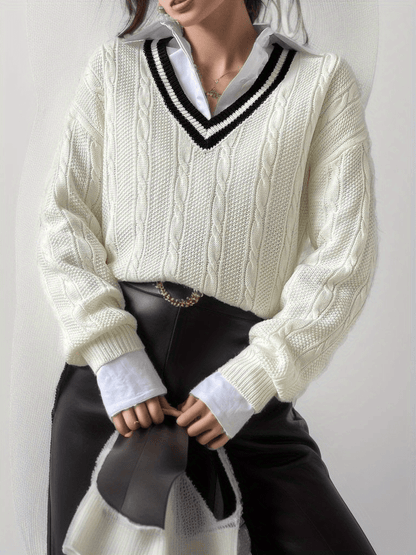 V Neck Cable Knit Pullover Sweater, Casual Long Sleeve Drop Shoulder Sweater, Women's Clothing