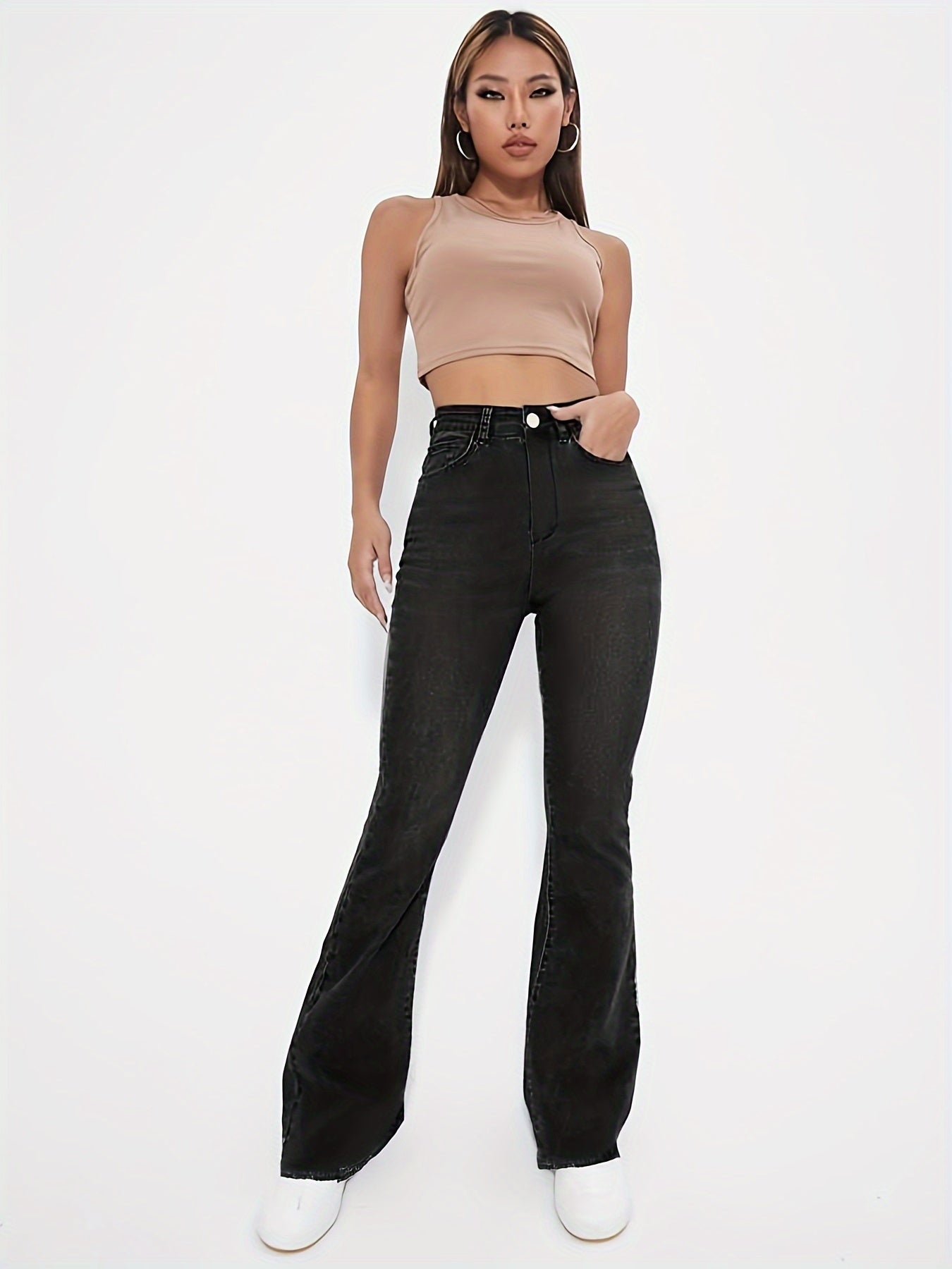 High-Rise Blue Raw Hem Flare Jeans - Slim Fit Bell Bottoms for Women - High-Stretch Denim Clothing with Trendy Style