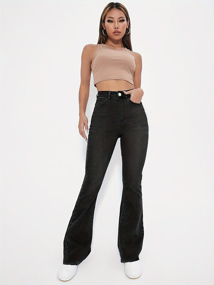 High-Rise Blue Raw Hem Flare Jeans - Slim Fit Bell Bottoms for Women - High-Stretch Denim Clothing with Trendy Style