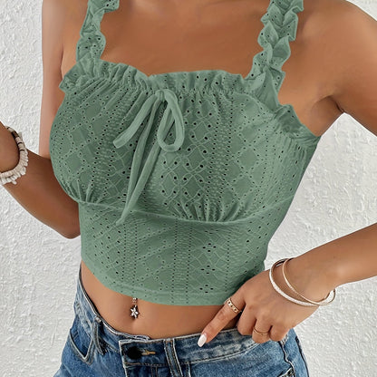 Eyelet Lettuce Trim Crop Cami Top, Casual Tie Front Summer Sleeveless Top, Women's Clothing For Coquette/Cute/Y2K Style