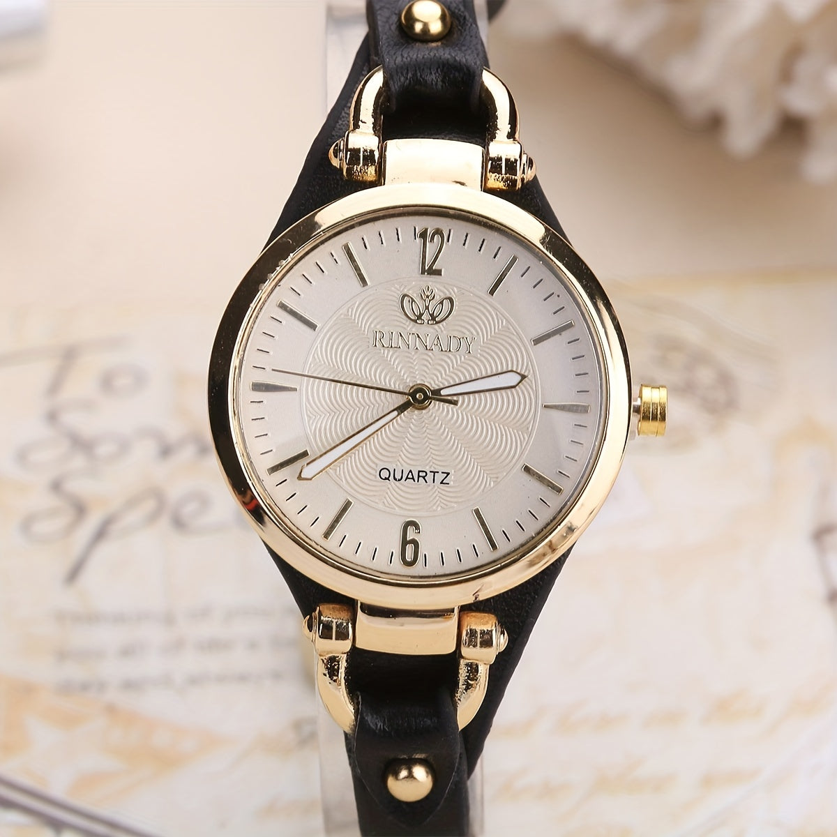 Elegant Quartz Ladies Watch - Boho Chic Leather Strap, Japanese Movement, Shock-Resistant with Stud Embellishments