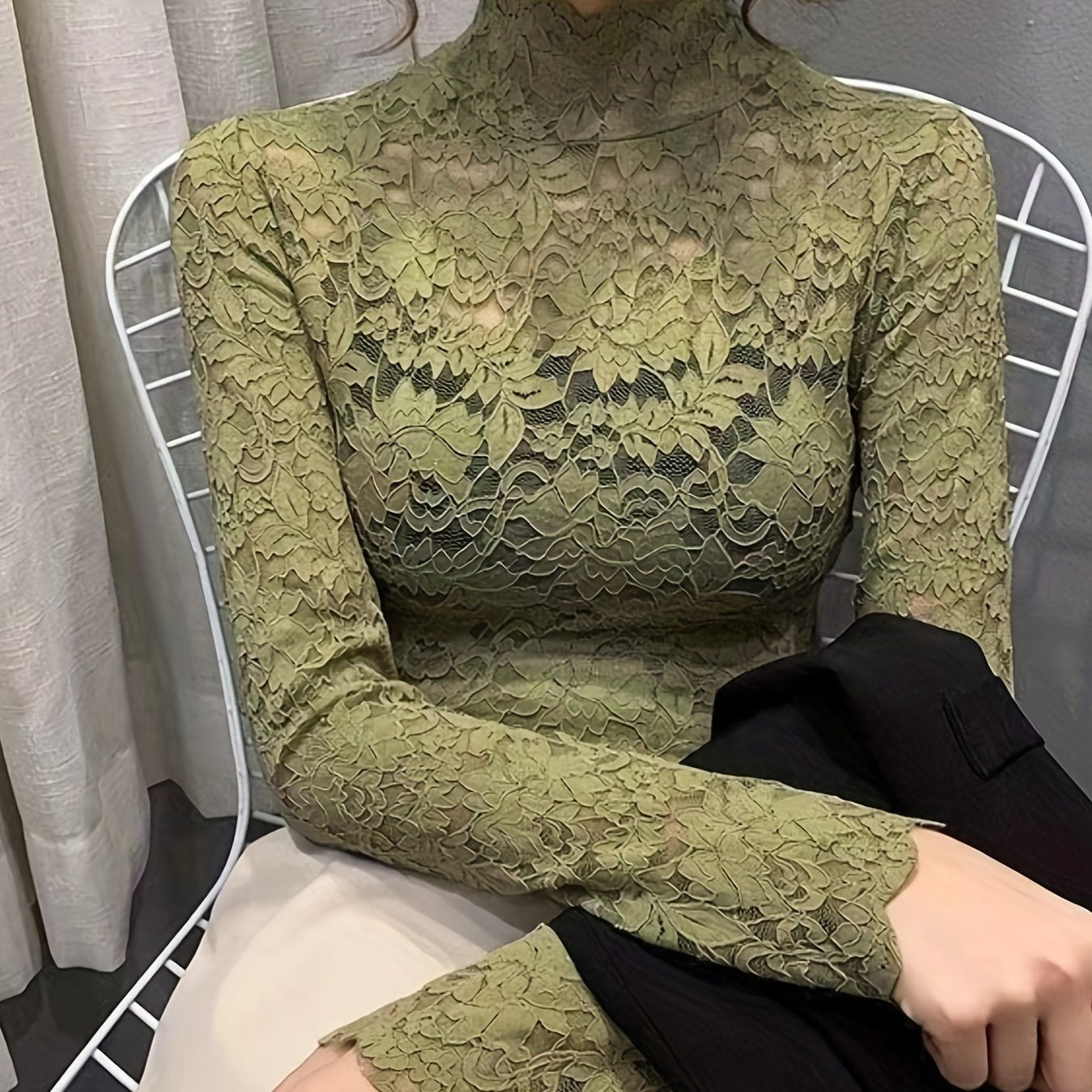 Sexy Lace Mock Neck Long Sleeve Slim Fit Top - Flattering, Breathable, and Comfortable for Spring and Fall - Women's Stylish Clothing for Everyday Wear