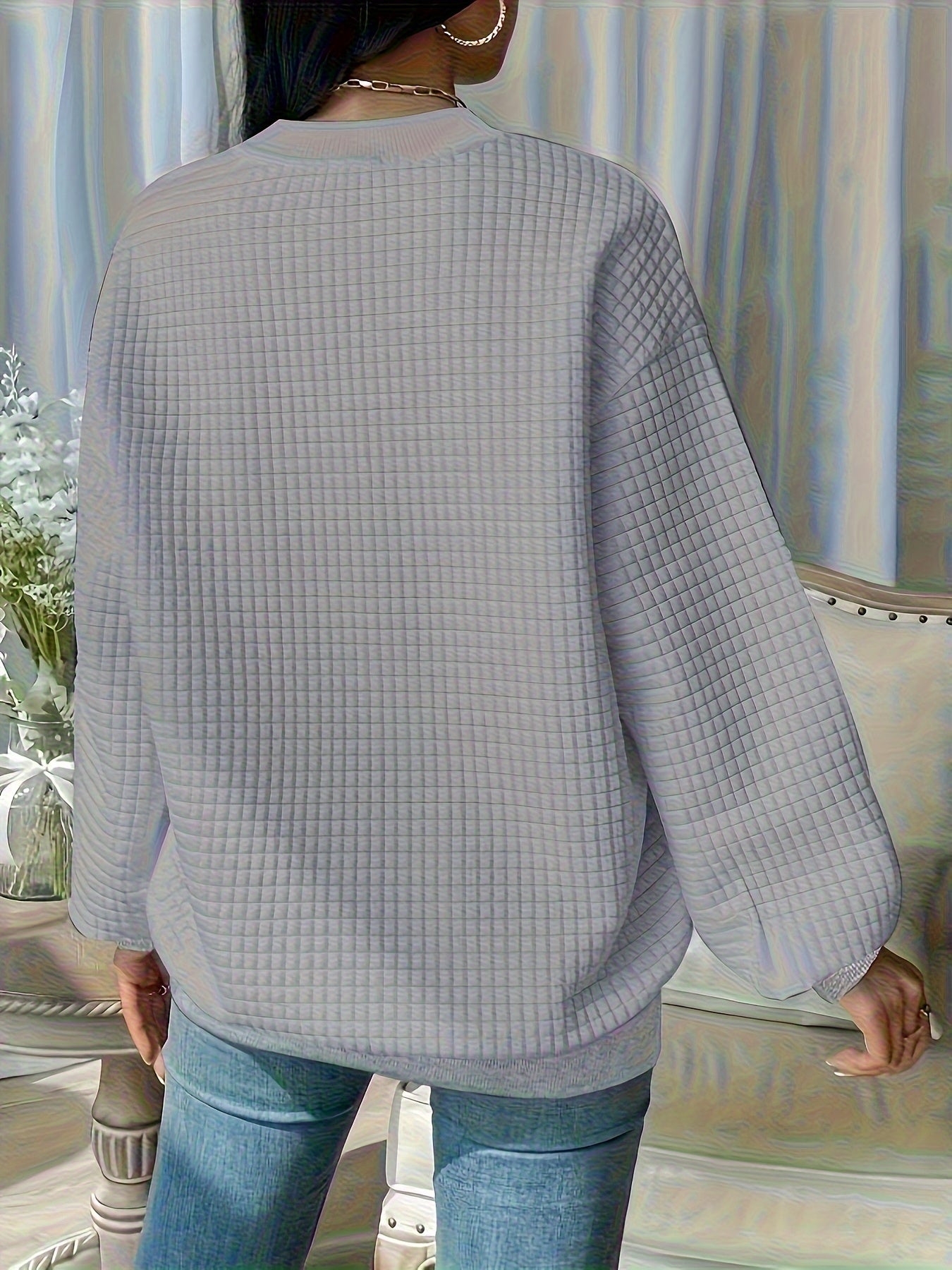 Waffle Loose Sweatshirt, Casual Long Sleeve Crew Neck Sweatshirt, Women's Clothing