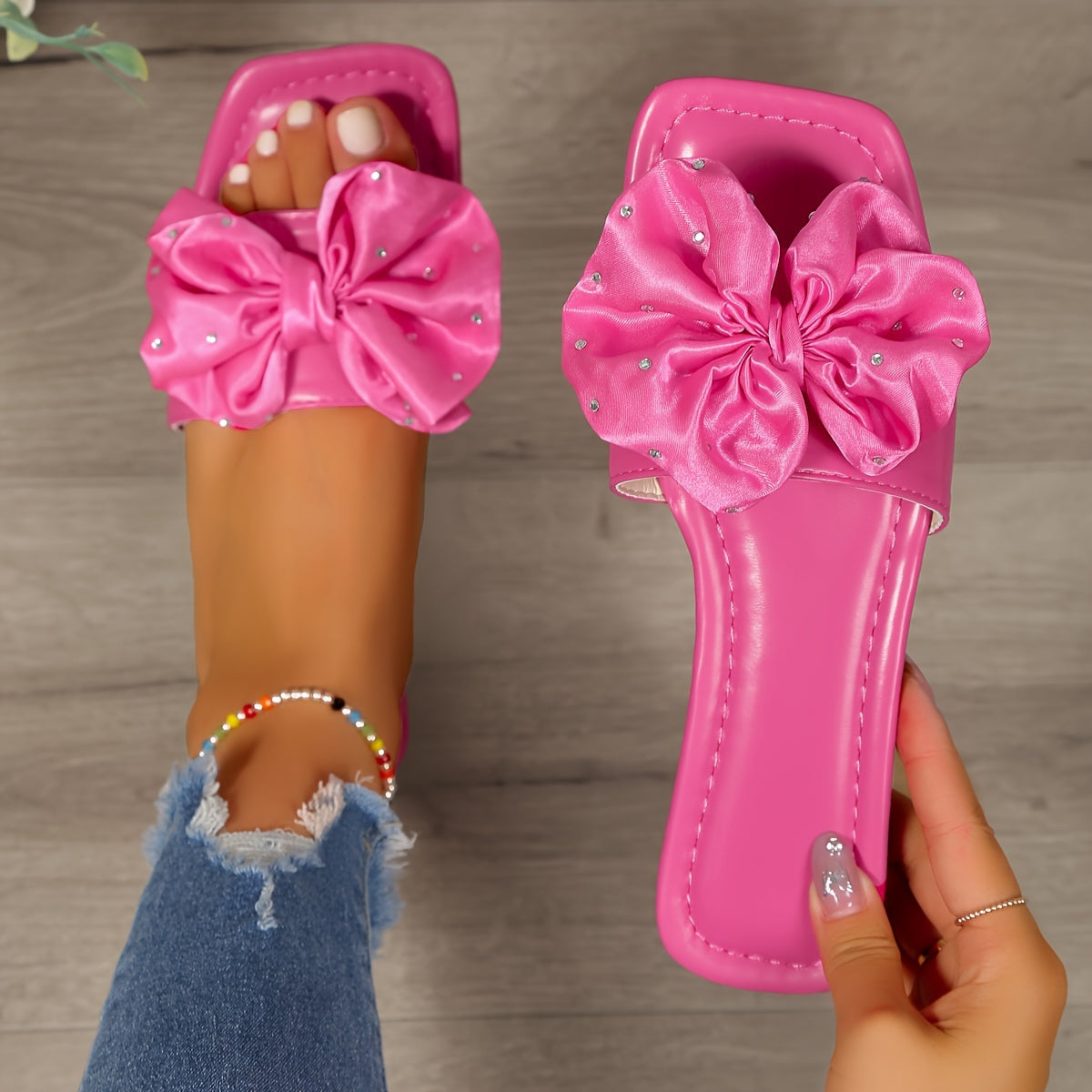 Fashionable Bowknot Slide Sandals - Solid Color Square Toe, Slip-On & Non-slip - Ultra-Flat, Lightweight for Effortless Summer Beach Wear