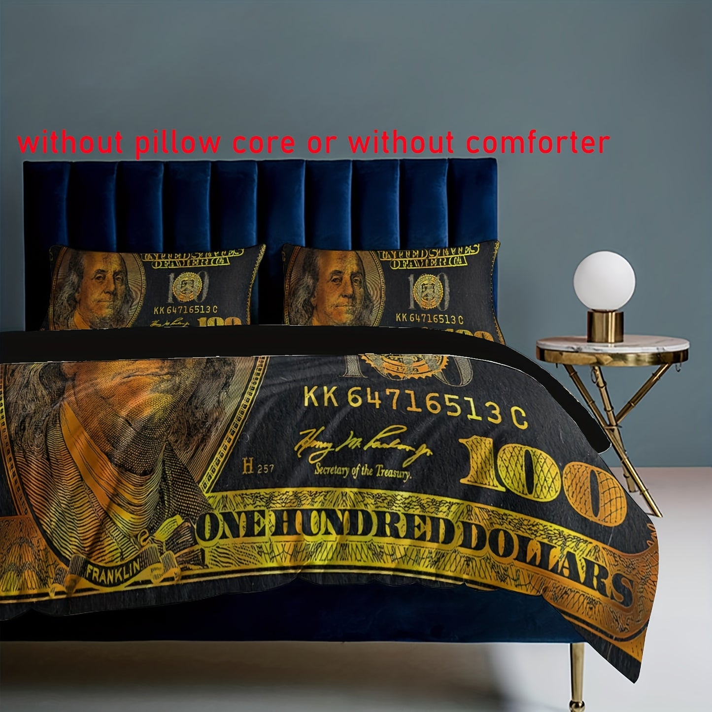 3-Piece Golden 100 Dollar Bill Print Duvet Cover Set - Soft, Comfortable, and Vibrant Bedding for Bedroom and Guest Room - Includes 1 Duvet Cover and 2 Pillowcases without Core