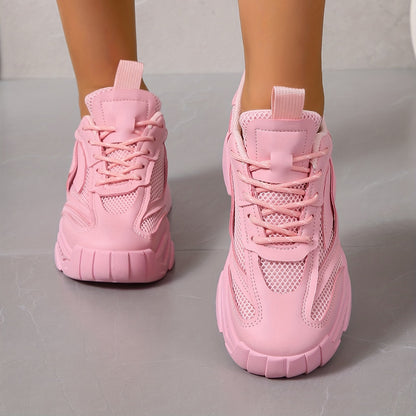 Women's Solid Color Casual Sneakers, Lace Up Breathable Soft Sole Sporty Trainers, Versatile Low-top Platform Shoes