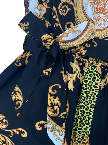 Vintage Off Shoulder Tribal Print Belted Women's Swing Aline Dress with Ruffle Hem Lantern Sleeve