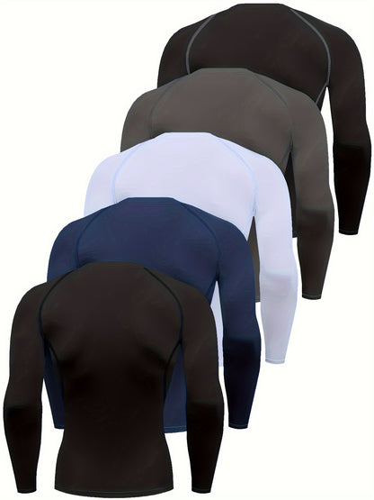 [HOPLYNN Compression Shirts] 5pcs HOPLYNN Men's Compression Shirts - Breathable Polyester Blend, Long Sleeve Athletic Base Layer Tops for Workout & Outdoor Activities, Machine Washable