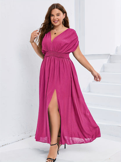 Plus Size Glamorous Maxi Dress - Flattering Ruched Solid Batwing Dress with V Neck & Side Split - Effortless Flowy Style for Women